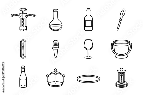 Professional wine tasting and bar accessories icon set featuring corkscrews, bottles, glasses, thermometers and cooling buckets in elegant line art.