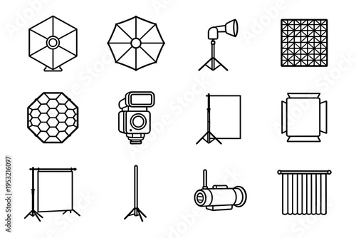 Flat vector line icons set of professional photography studio lighting equipment including softbox octobox flash strobe reflector and backdrop stands