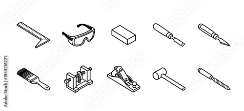 Professional Woodworking and Carpentry Hand Tools Isometric Icons Including Chisels Planes Mallets and Safety Goggles for Craftsmanship and DIY Projects