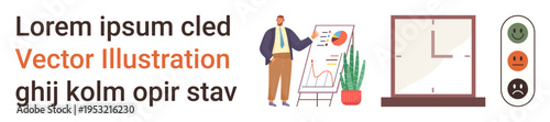 Business strategy, public speaking, analytics, mood evaluation, office environment, productivity. A presenter with charts, a window and a mood assessment scale. Business strategy and public speaking