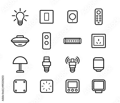Smart Home Electrical Fixtures and Light Switch Icons Set Featuring Bulbs Sockets Remote Controls and Wall Panels for Modern Living and Connectivity
