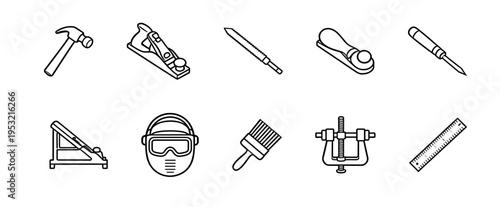 Professional carpentry and woodworking hand tools set including hammer, plane, saw, chisel, safety mask, and measuring ruler in isometric linear vector style.