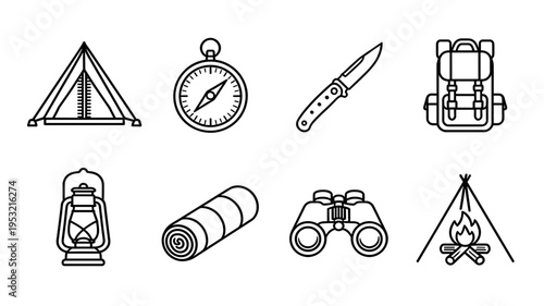 Outdoor camping and wilderness survival adventure kit featuring tent, compass, knife, backpack, lantern, sleeping bag, and binoculars in linear vector art.
