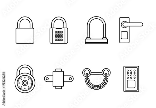 Professional security hardware icons collection showing various padlocks door handles combination locks and u-locks for safety and protection concepts