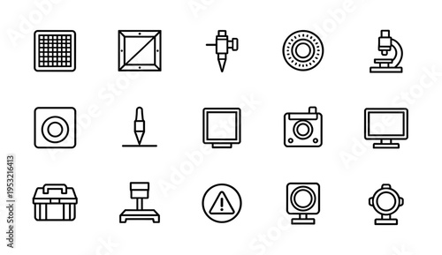 Laboratory science and industrial quality control icons including microscope warning sign digital scales electronic sensors and measurement tools