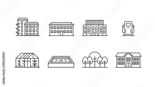 Modern urban architecture and environmental building icons featuring eco friendly apartments greenhouse school gas station and city park landscapes