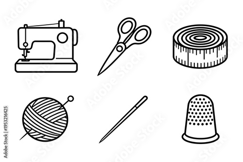Tailoring and sewing craft equipment set icons including sewing machine scissors measuring tape thimble needle and yarn for fashion handmade design