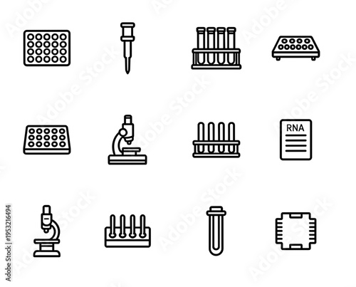 Set of laboratory equipment line icons featuring microscopes test tubes pipettes multiwell plates and RNA documents for medical research and science.