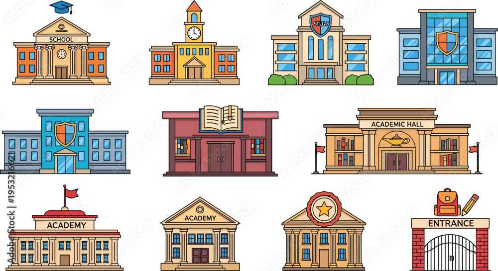Fototapeta premium School and academy building icons set with education institutions library academic hall entrance and campus architecture vector illustration collection