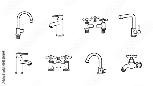 Set of Minimalist Black Line Icons Featuring Various Faucet Designs for Kitchen and Bathroom Plumbing Fixtures Isolated on White Background for Design