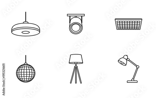 Collection of Modern Interior Lighting Line Icons Including Pendant Lamps Spotlights Floor Lamps and Desk Lamps for Architecture and Interior Design