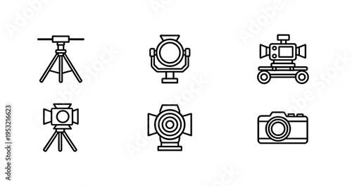 High Quality Photography and Film Production Equipment Line Icons Including Camera Tripods Studio Lights and Movie Dolly for Professional Media Studio
