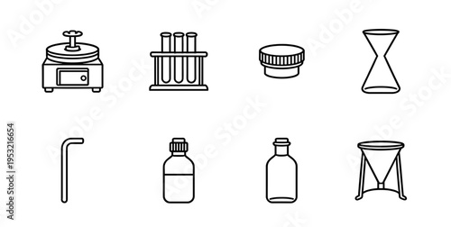 Professional laboratory equipment line icons set containing centrifuge test tubes beaker flask funnel and chemical bottle symbols for science and research