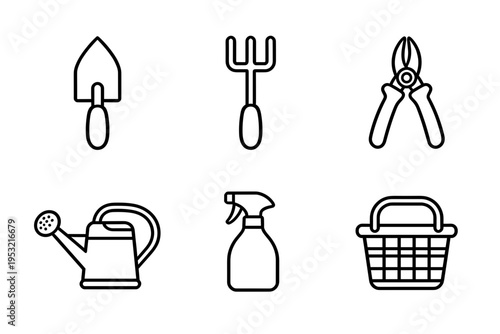 Essential gardening tools line icons collection including trowel hand fork shears watering can spray bottle and harvest basket symbols for horticulture