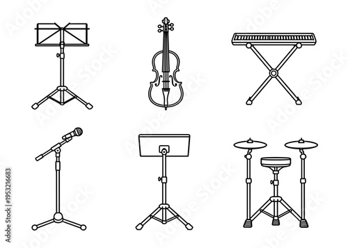 Musical instruments and professional equipment stands line icons featuring music stand violin keyboard stand microphone stand and drum kit symbols