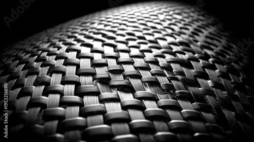 A close-up view of a woven carbon fiber texture in black and white