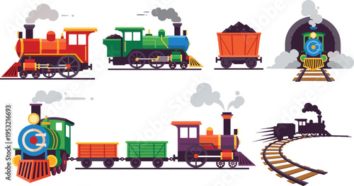  Vintage steam train illustrations set with locomotive coal wagon railway track and tunnel scenes colorful vector collection