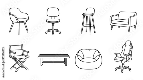 Modern Furniture Outline Icons Collection of Different Chair Styles Including Office Chair Sofa Bar Stool Gaming Chair Bean Bag and Bench for Interior Use