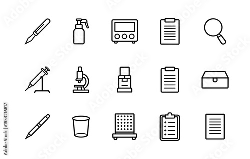 Laboratory Equipment and Scientific Research Tools Icons Set Including Microscope Syringe Scalpel Clipboard Magnifying Glass and Medical Testing Supplies