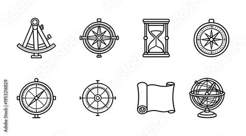 Vintage nautical navigation and exploration tools collection featuring compasses sextant hourglass scroll map and armillary sphere for maritime adventure