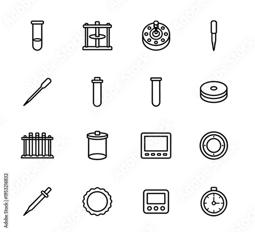 Professional medical laboratory equipment and scientific research icons set with test tubes pipettes digital monitors and chemical analysis instruments