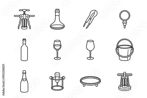 Luxury wine and beverage accessories collection including corkscrews decanter glasses ice bucket and champagne bottle icons for catering and hospitality