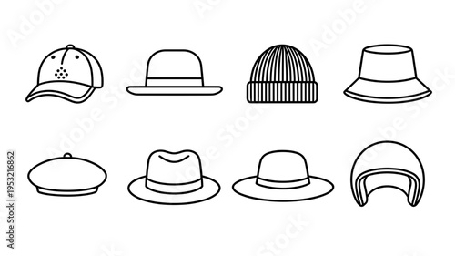 Fashion headwear and hats collection featuring baseball cap fedora beanie bucket hat beret and safety helmet icons for various styles and protection