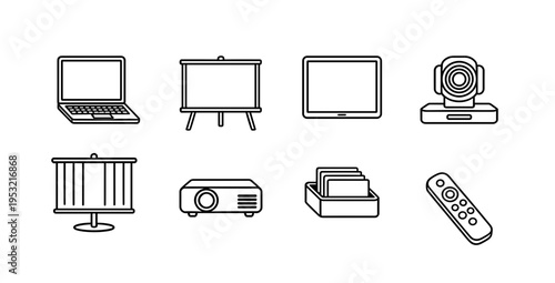 Professional office presentation and multimedia equipment icons including laptop, projector screen, tablet, webcam, document folders, and remote control