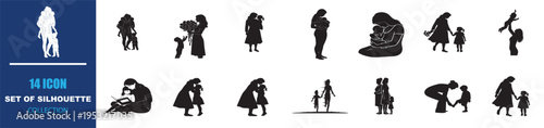 Set of 16 black silhouette vector icons depicting mothers and children in various poses, ideal for family, care, and relationship-themed designs.