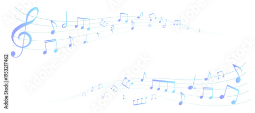 カラフルな遠近感のある楽譜のフレームイラスト　五線譜　背景イラスト　音符、休符、音楽記号のイラスト