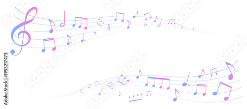 カラフルな遠近感のある楽譜のフレームイラスト　五線譜　背景イラスト　音符、休符、音楽記号のイラスト