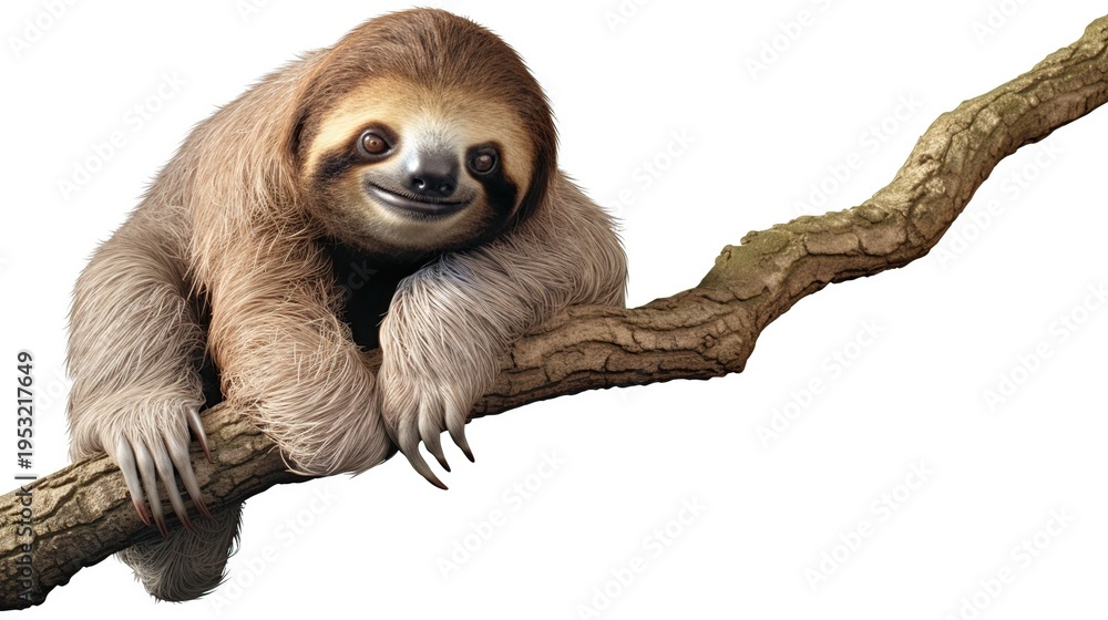 Fototapeta premium Slow-moving rainforest sloth resting on a sturdy tree branch with calm expression