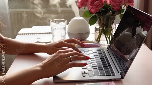 Active typist typing on a silver laptop at a sunlit desk surrounded by flowers and refreshments