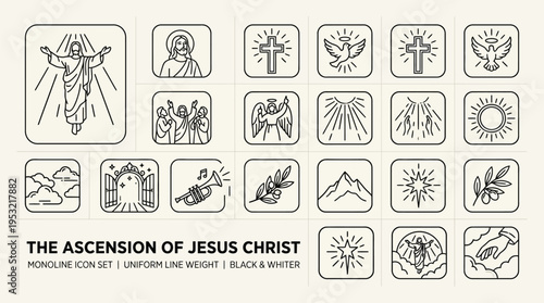 A collection of monoline icons depicting various Christian symbols and scenes, including the Ascension of Jesus Christ, crosses, doves, angels, and worship.