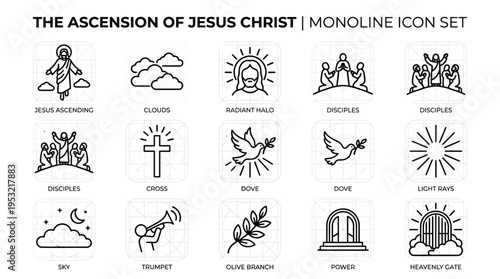 Monoline icon set depicting the Ascension of Jesus Christ with various religious symbols and figures like disciples, cross, dove, and heavenly gates.