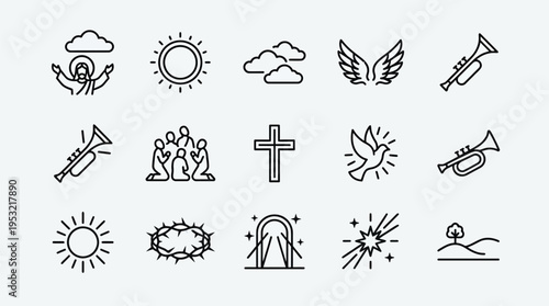Collection of Christian and religious line art icons including Jesus, cross, dove, trumpets, sun, and angel wings, perfect for spiritual themes.