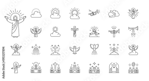 A comprehensive collection of line art icons depicting various Christian and religious symbols including Jesus, angels, crosses, churches, and divine light, suitable for spiritual themes.
