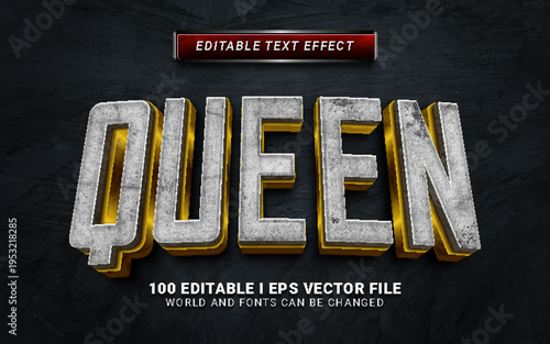 Editable text effect with a 3D stone and gold style for the word Queen