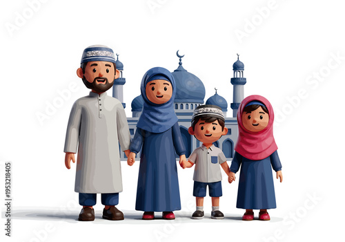 Family in traditional muslim clothing standing in front of a mosque