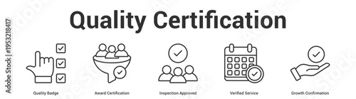 Quality Certification web banner icon set vector illustration concept for business with icon of Quality Badge, Award Certification, Inspection Approved, Verified Servi.