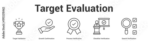 Target Evaluation web banner icon set vector illustration concept for business with icon of Target Validation, Growth Confirmation, Process Verification, Checklist Verificati.