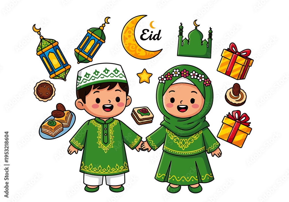 Fototapeta premium Muslim children celebrating Eid with traditional food and gifts