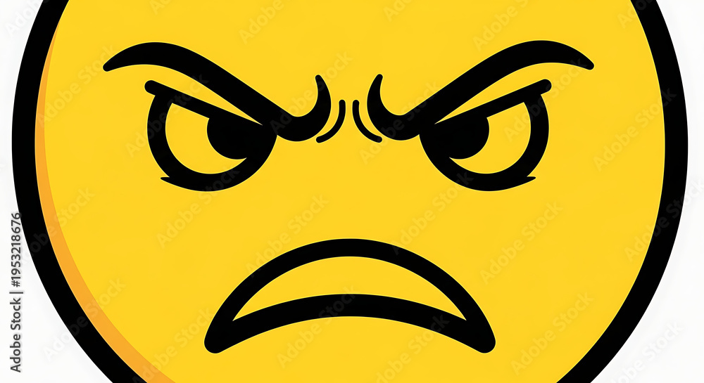 Fototapeta premium A yellow emoji with angry eyes and a frowning mouth on a white background digital illustration