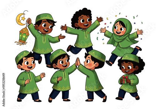 Children in green clothes celebrating a festive occasion with colorful decorations