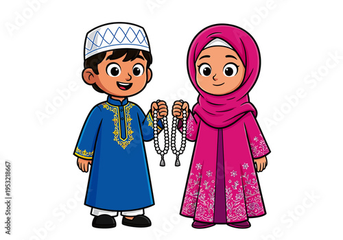Muslim children wearing traditional clothes and holding prayer beads