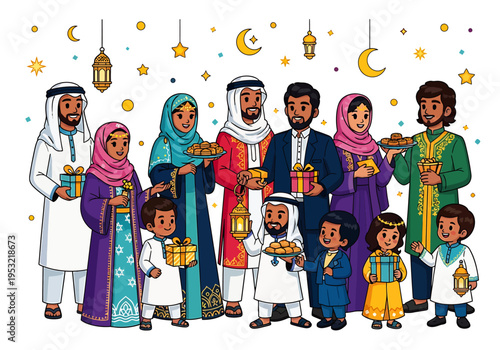 Diverse group of people in traditional Middle Eastern clothing celebrating a festive occasion with gifts and decorations