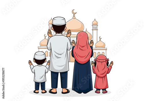 Family in traditional attire standing before a mosque during prayer time