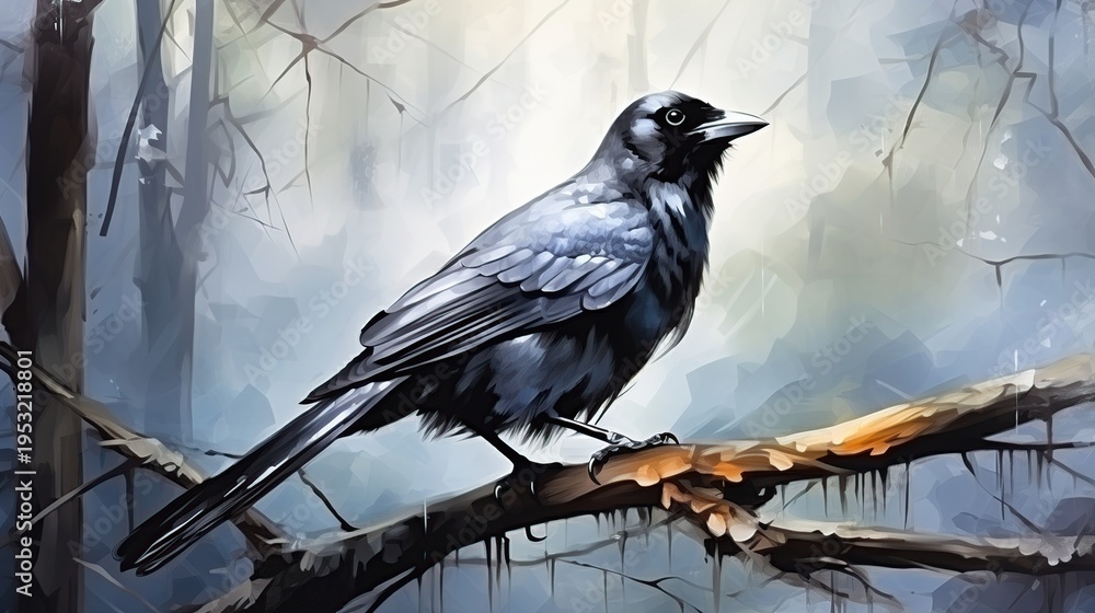 Obraz premium Solitary Black Crow Perched on a Weathered Branch in a Misty Forest Twilight Scene