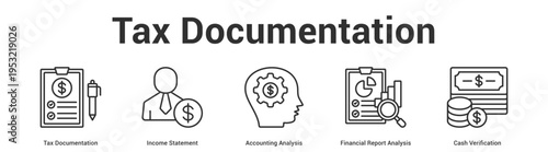 Tax Documentation web banner icon set vector illustration concept for business with icon of Tax Documentation, Income Statement, Accounting Analysis, Financial Report Analys.