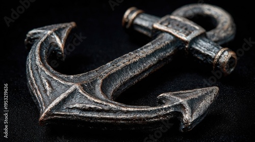 A close-up view of an old metal anchor on a black background
